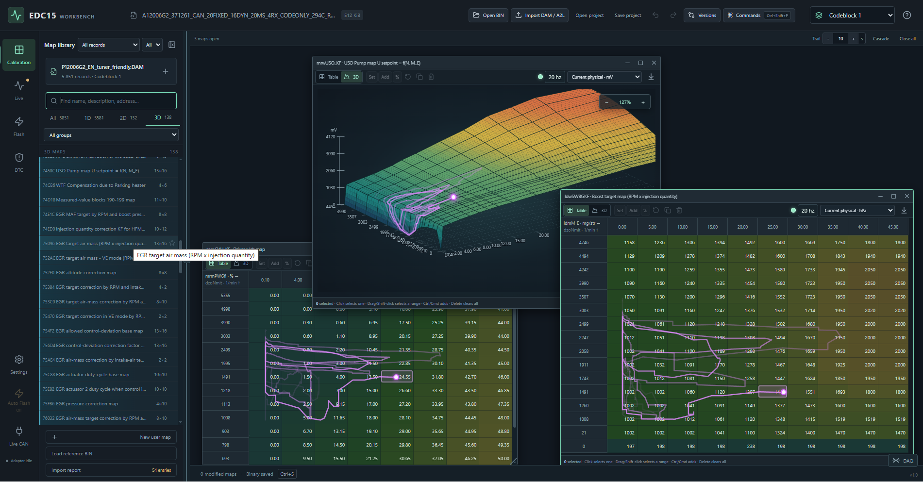 Skaude Tuning workbench showing live three-dimensional ECU maps and traced data tables